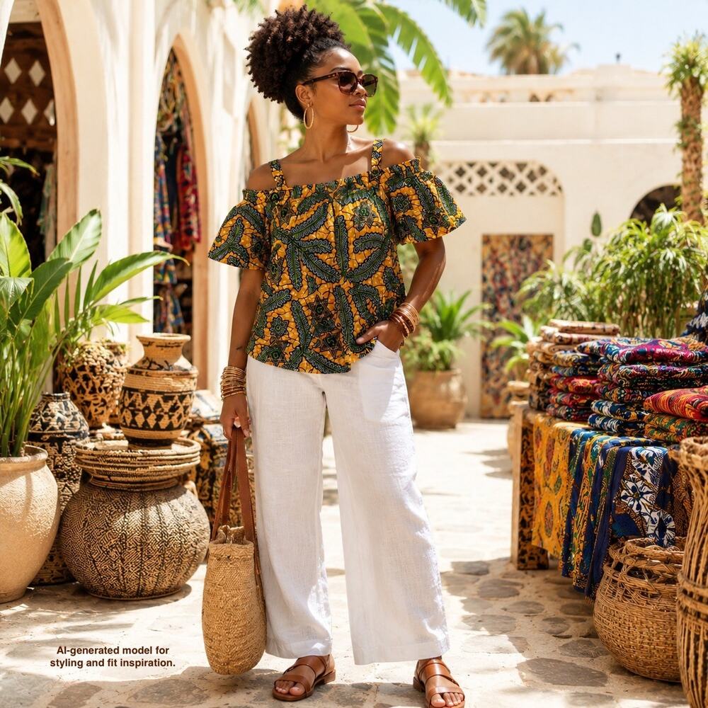 Adjoasika African Wax Print Off Shoulder Top Size M Cotton Ankara Boho Festival
